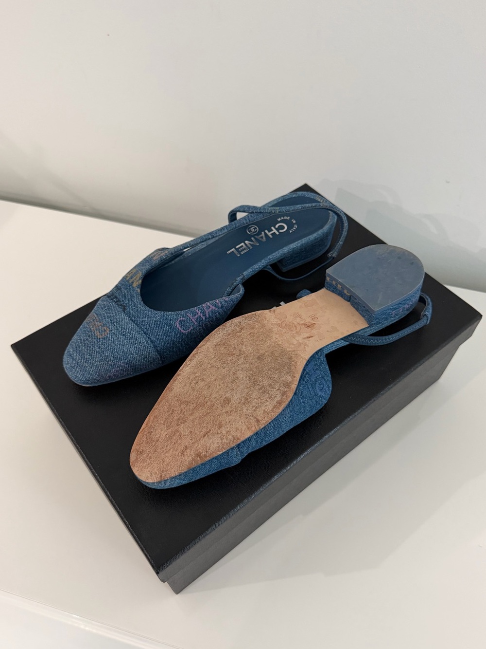 Chanel Denim Slingback Flats with Multicolor Logo Embroidery - Picture 4 of 5